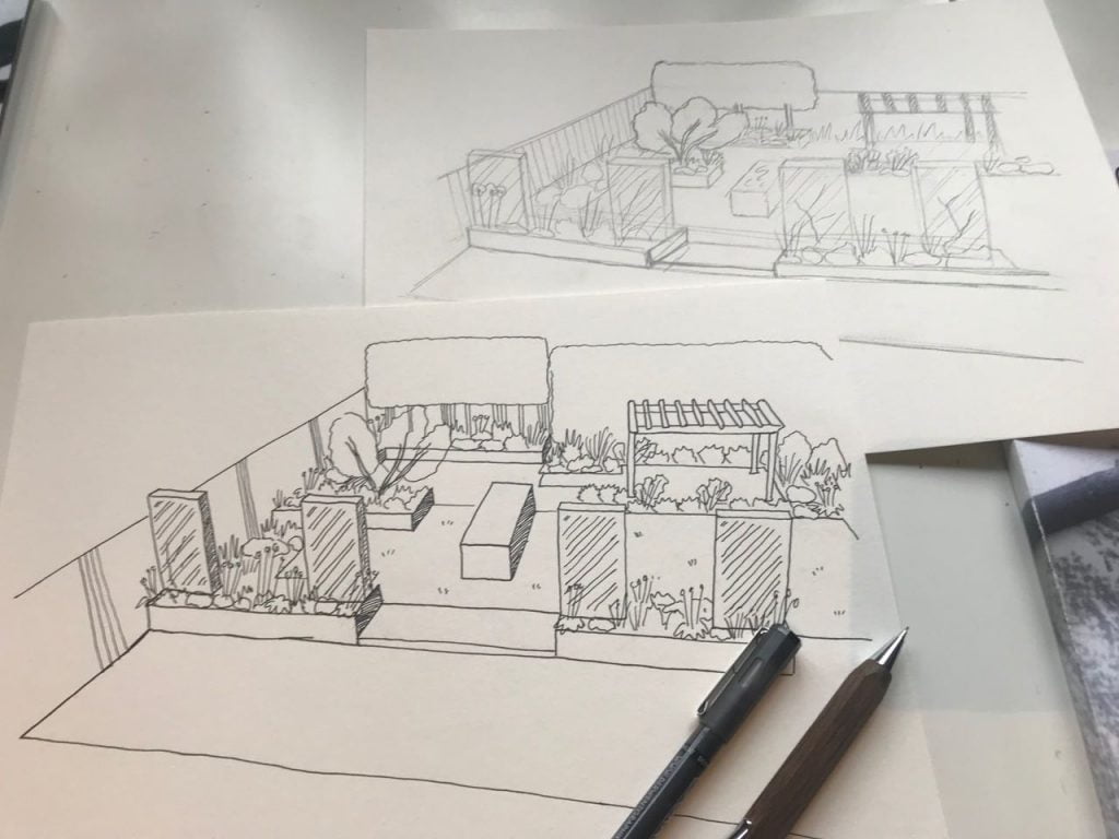 A hand drawn garden design sketch by Garden Ninja