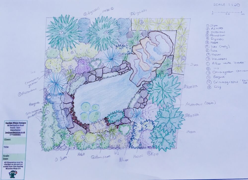 A pencil sketch of a water feature design by Lee Burkhill