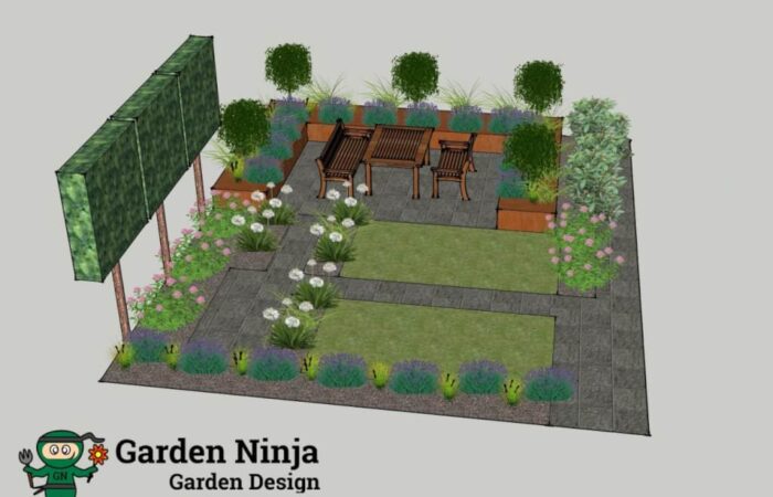 A sketchup render of a small back garden design