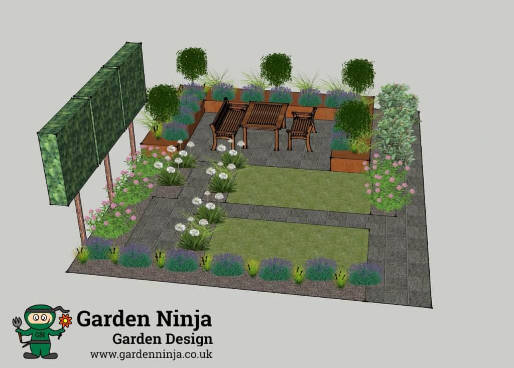 A sketchup render of a small back garden design