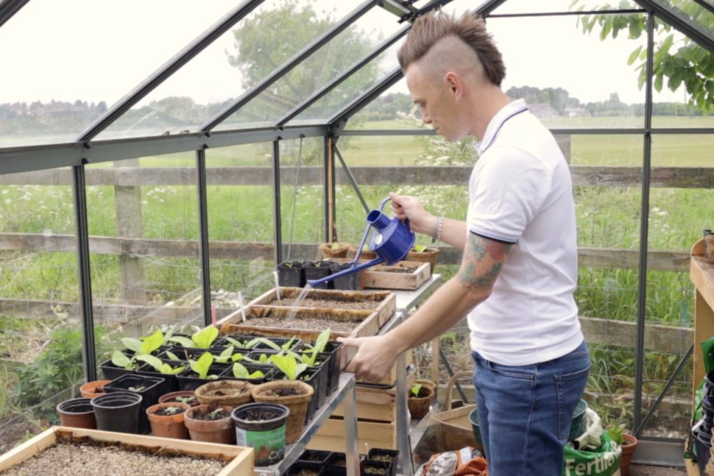 Garden Ninja watering a greenhouse