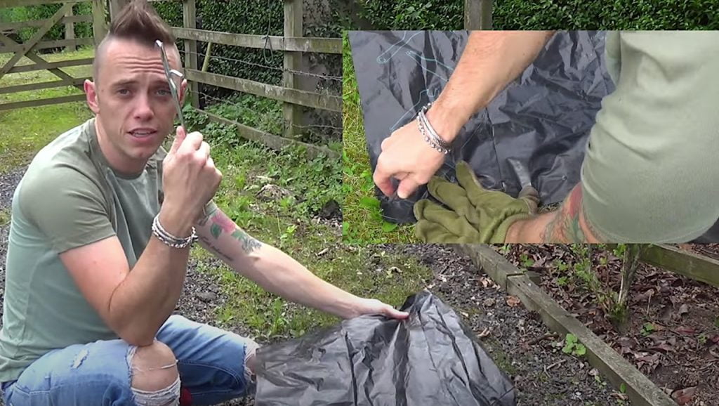 Using black bin liners to remove garden weeds