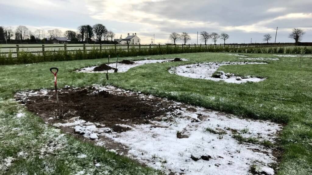 Snow on the ground in the Exploding atom garden at Garden Ninjas house